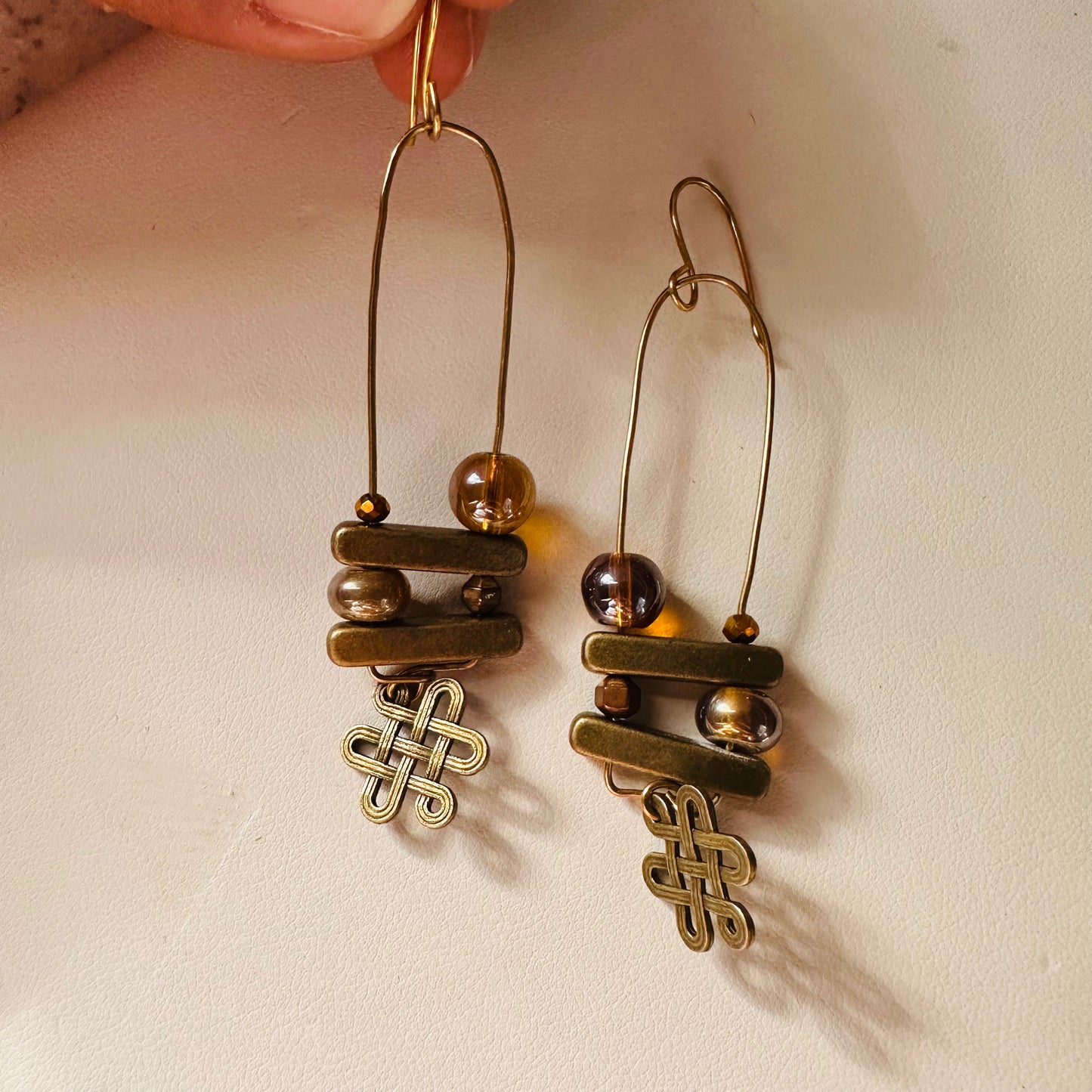 Double Brass Bar Dangled Earrings with Glass Beads and Brass Knots - Handmade