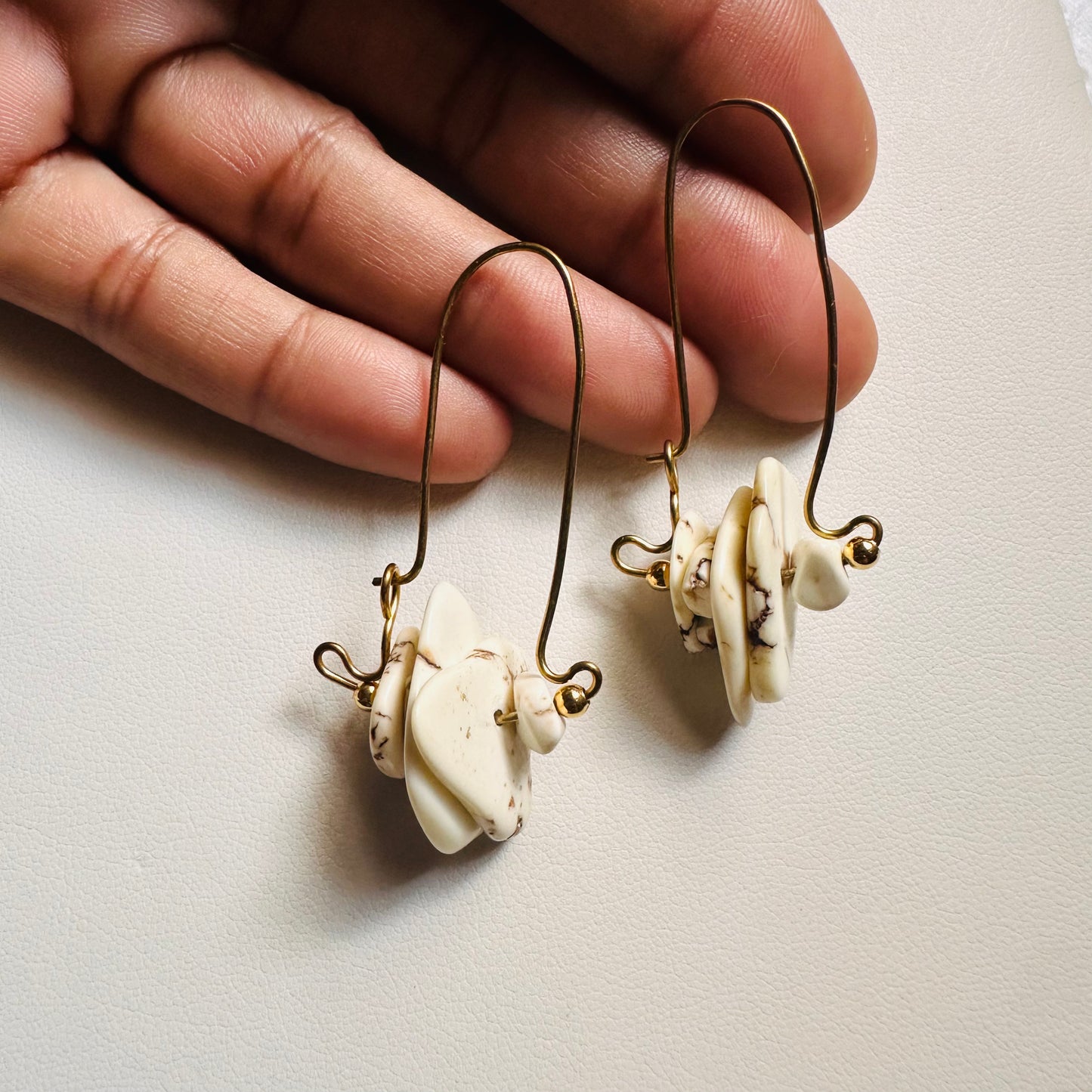 Stacked Cream Magnesite Swing Design Dangle Earrings