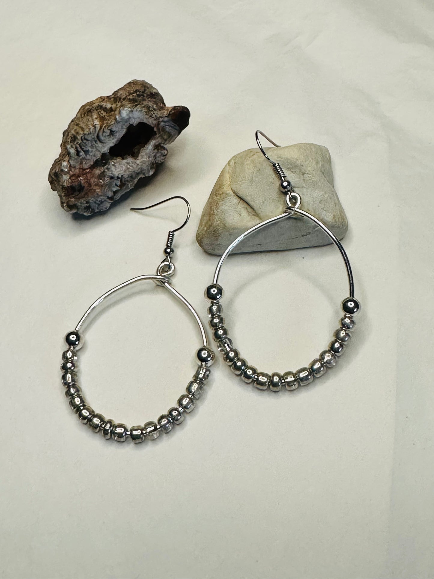 Silver Hoop Earrings with Silver Beading