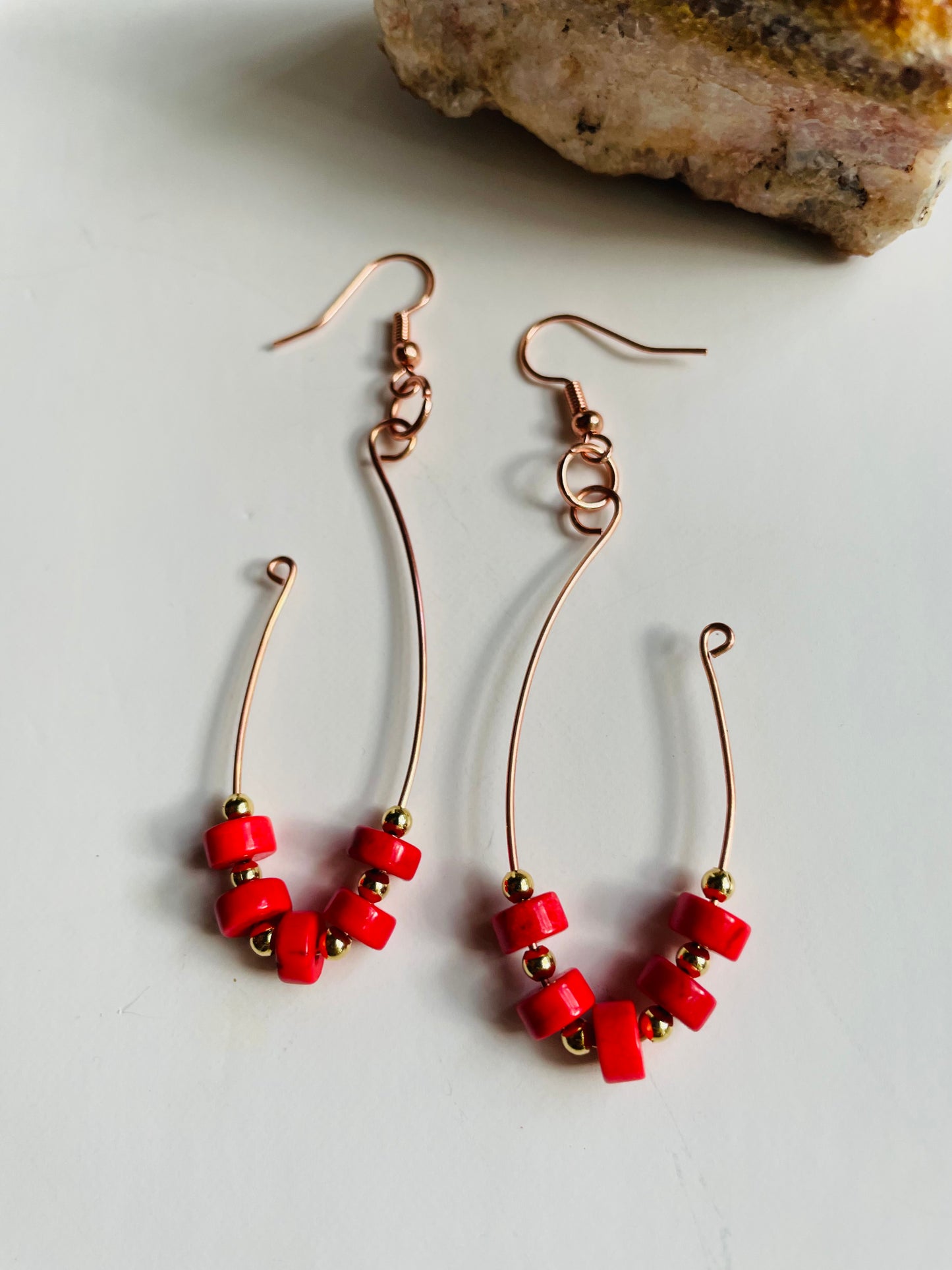 Red Coral and Copper Dangle Earrings