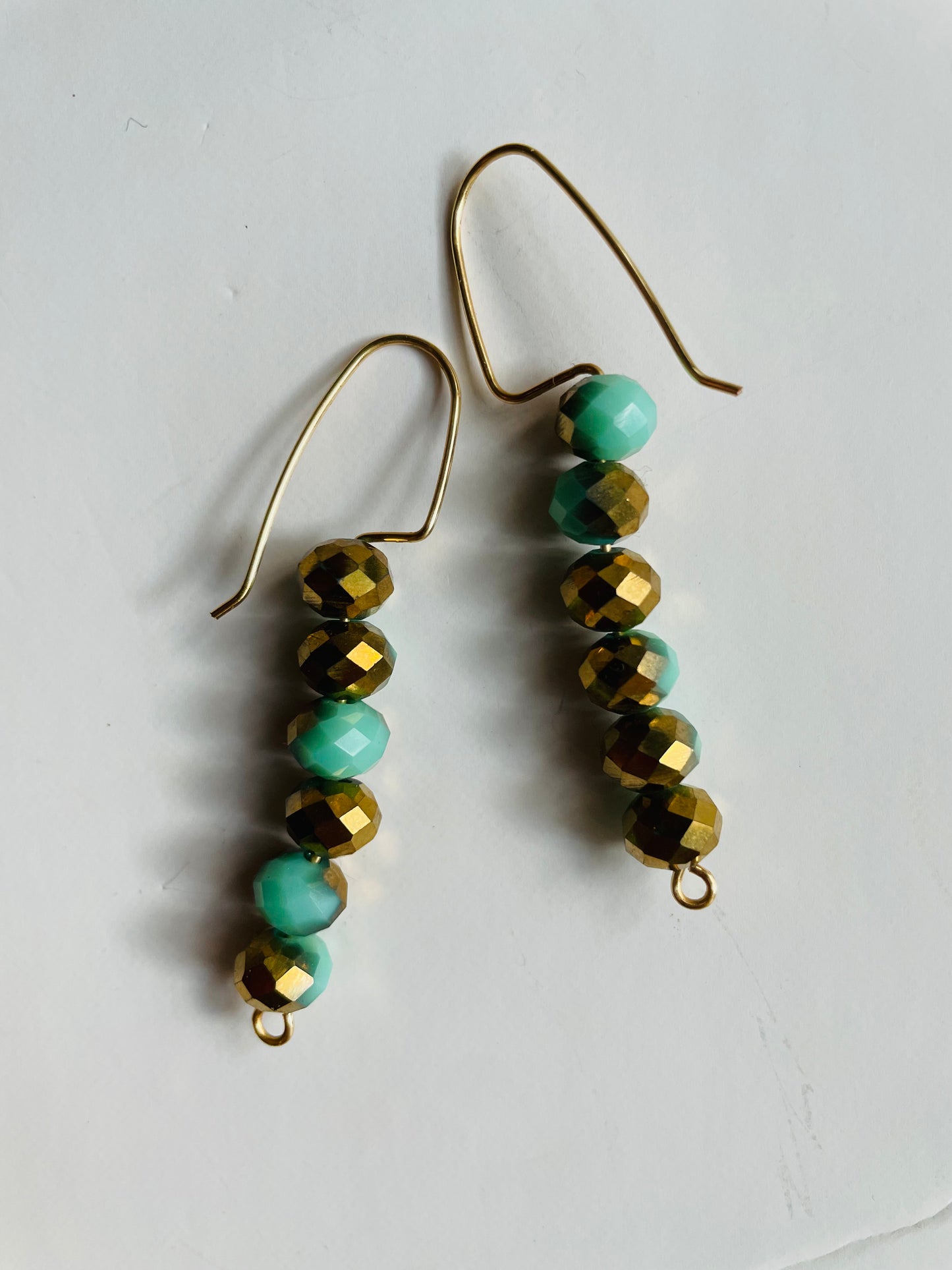 Teal and Gold Beaded Dangle Earrings