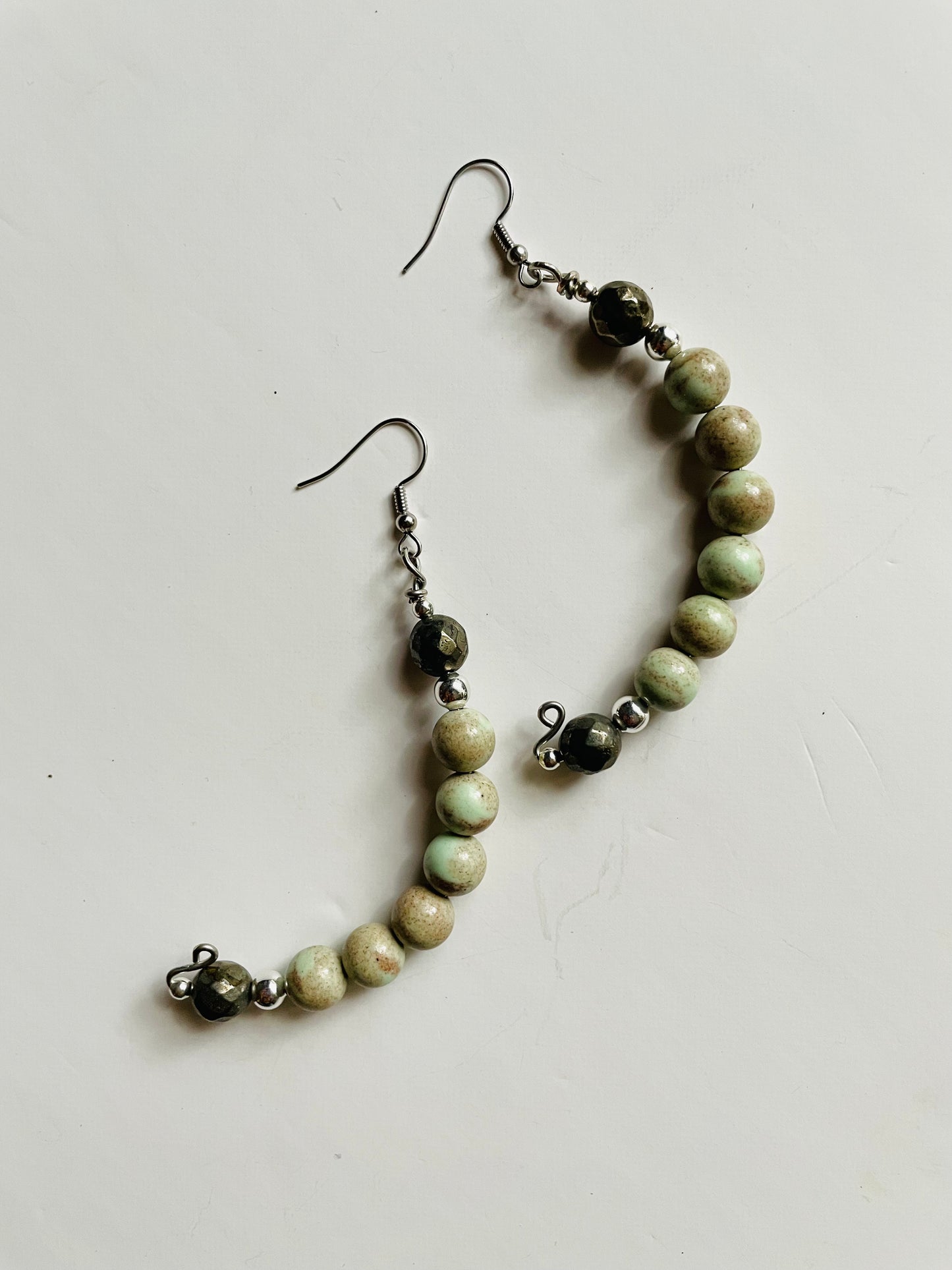 Sea Foam Green Calcite and Pyrite Bent Dangle Earrings