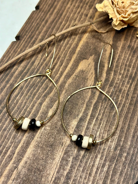Gold Dangle Hoop Earrings with Black, Cream and Gold Beads