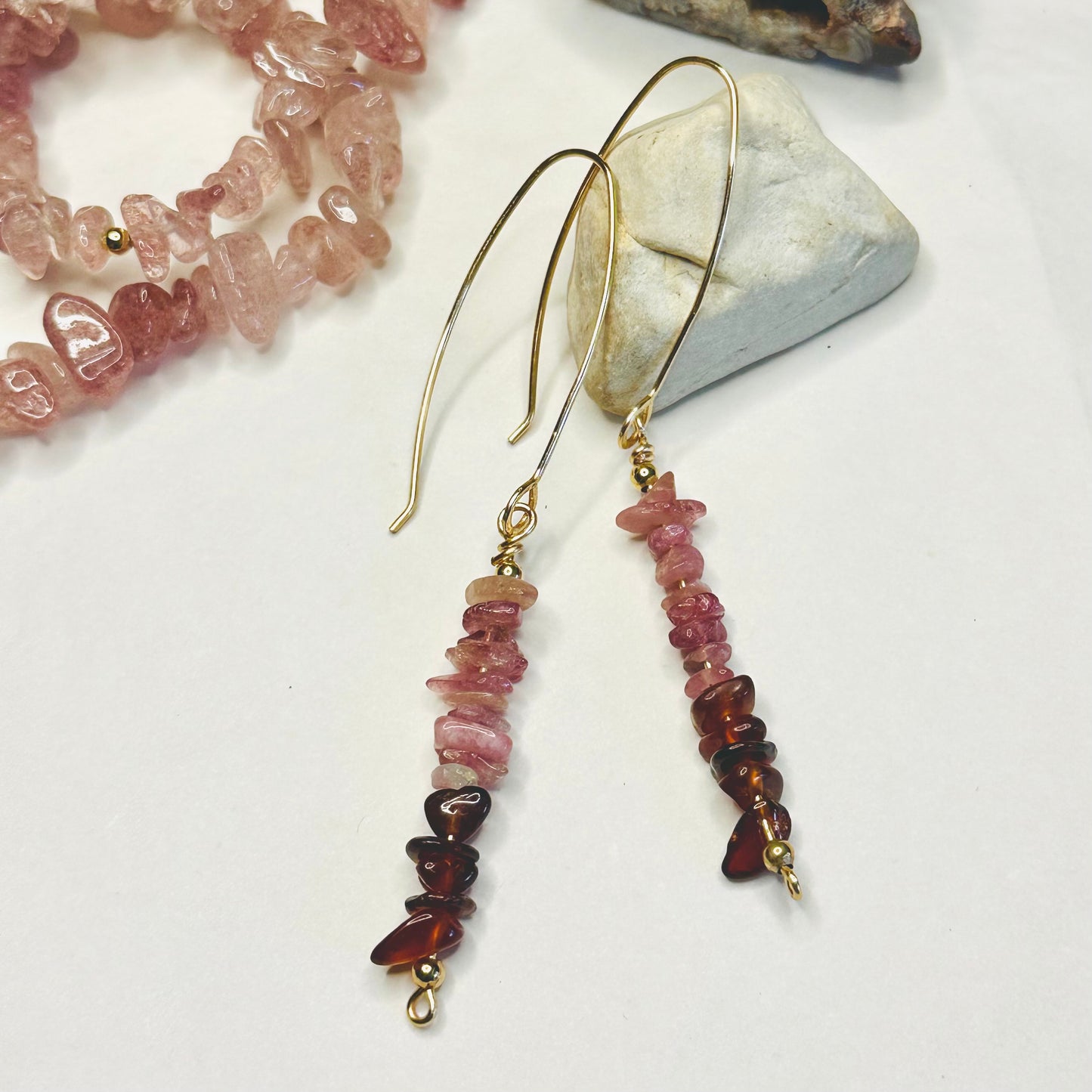 Strawberry Tourmaline Dangle Earrings on Gold