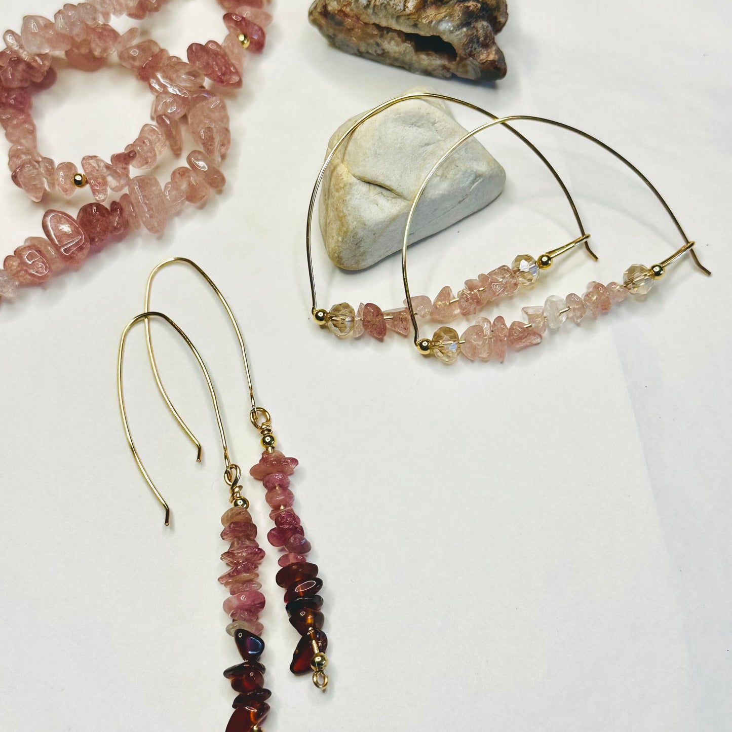 Strawberry Tourmaline Dangle Earrings on Gold