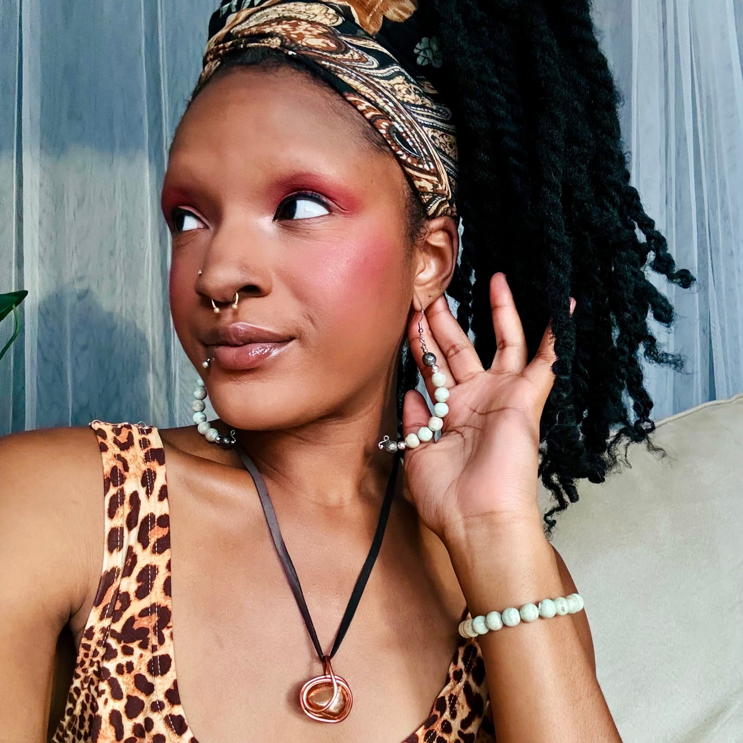 Sea Foam Green Calcite and Pyrite Bent Dangle Earrings