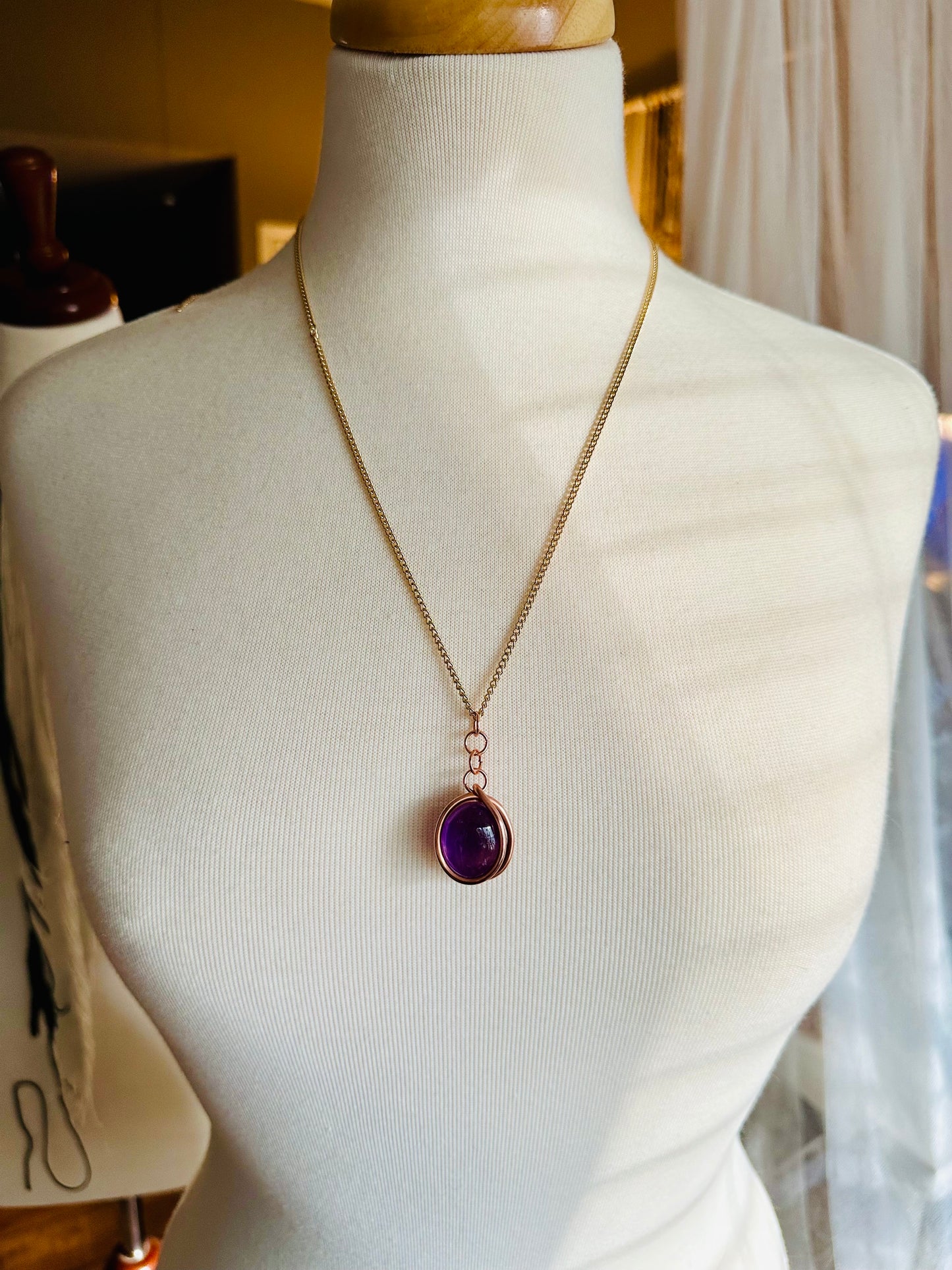 Amethyst Crystal Wrapped in Copper on Gold Chain