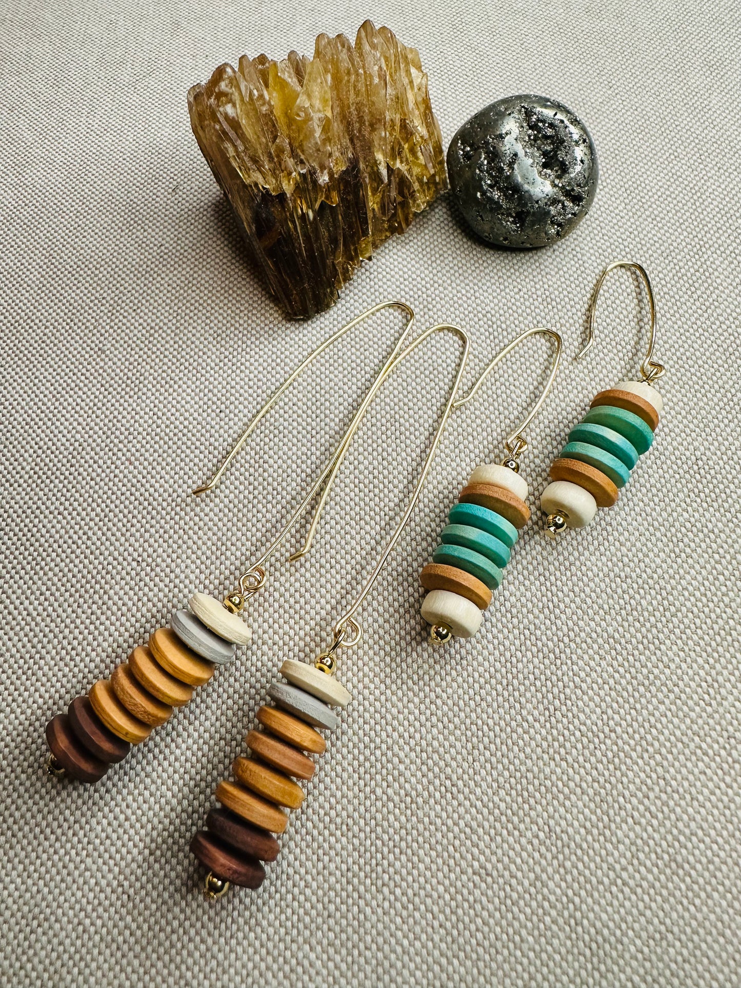 Warm Camel Wooden Beaded 4” Dangle Earrings