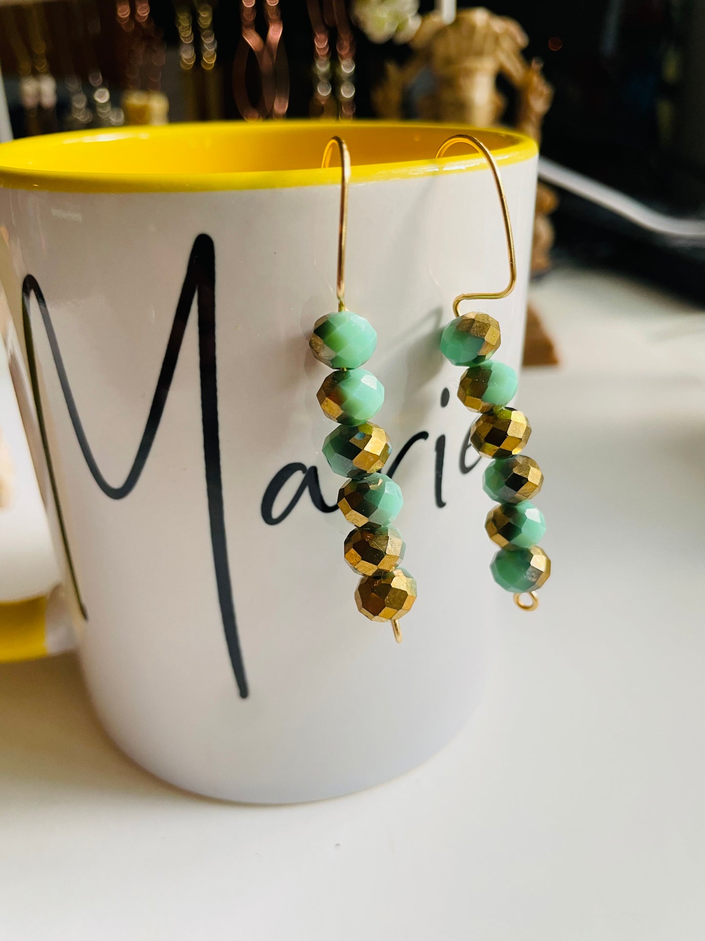 Teal and Gold Beaded Dangle Earrings