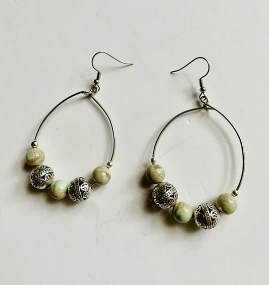 Sea Foam Green Calcite Hoop Earrings with Silver Beads