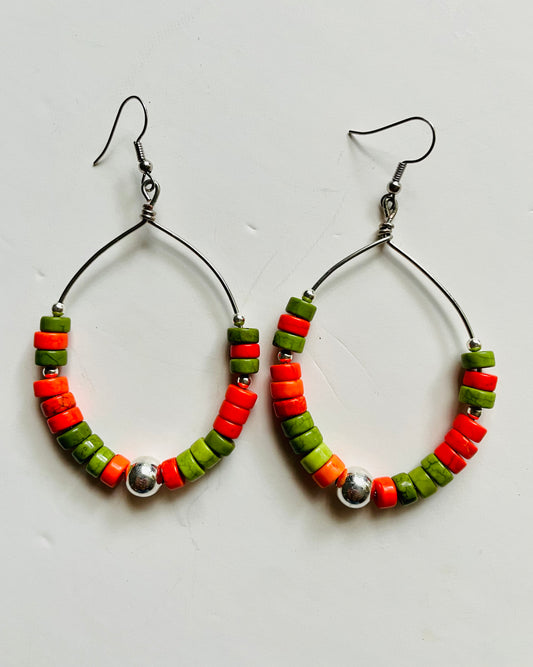 Red and Green Coral Beaded Earrings with Silver Accents
