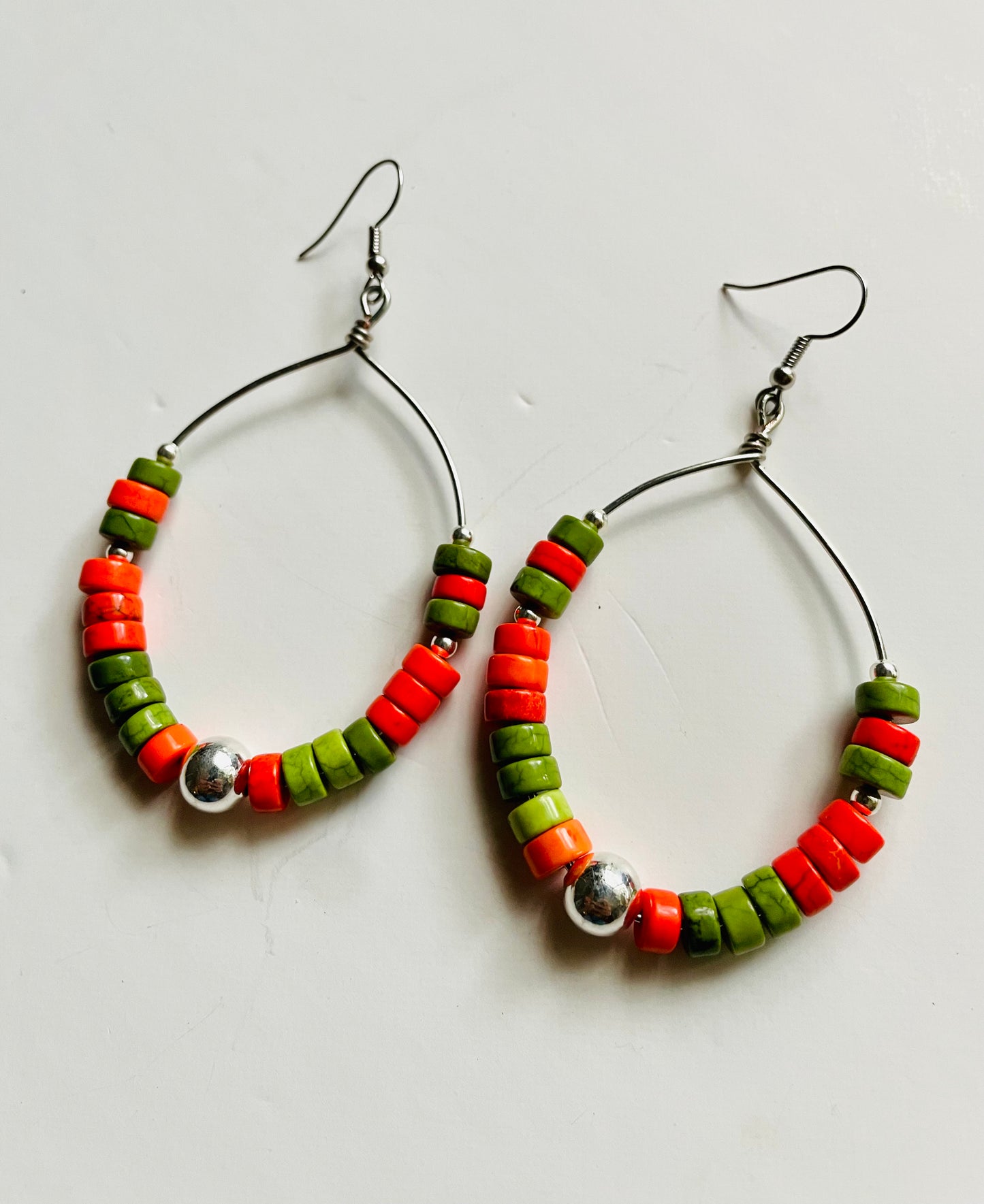 Red and Green Coral Beaded Earrings with Silver Accents