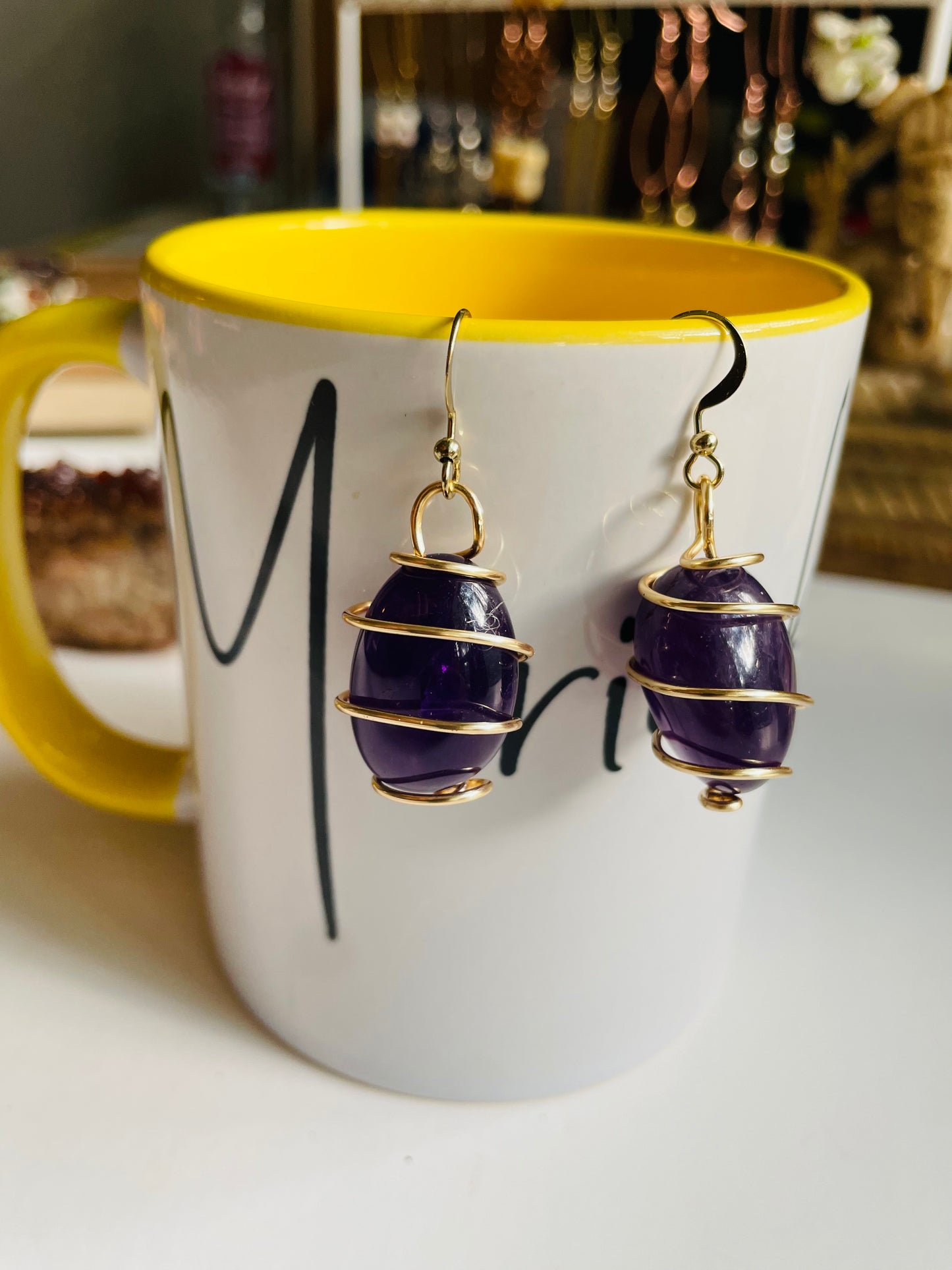 Amethyst Crystals Wrapped in Gold Earrings