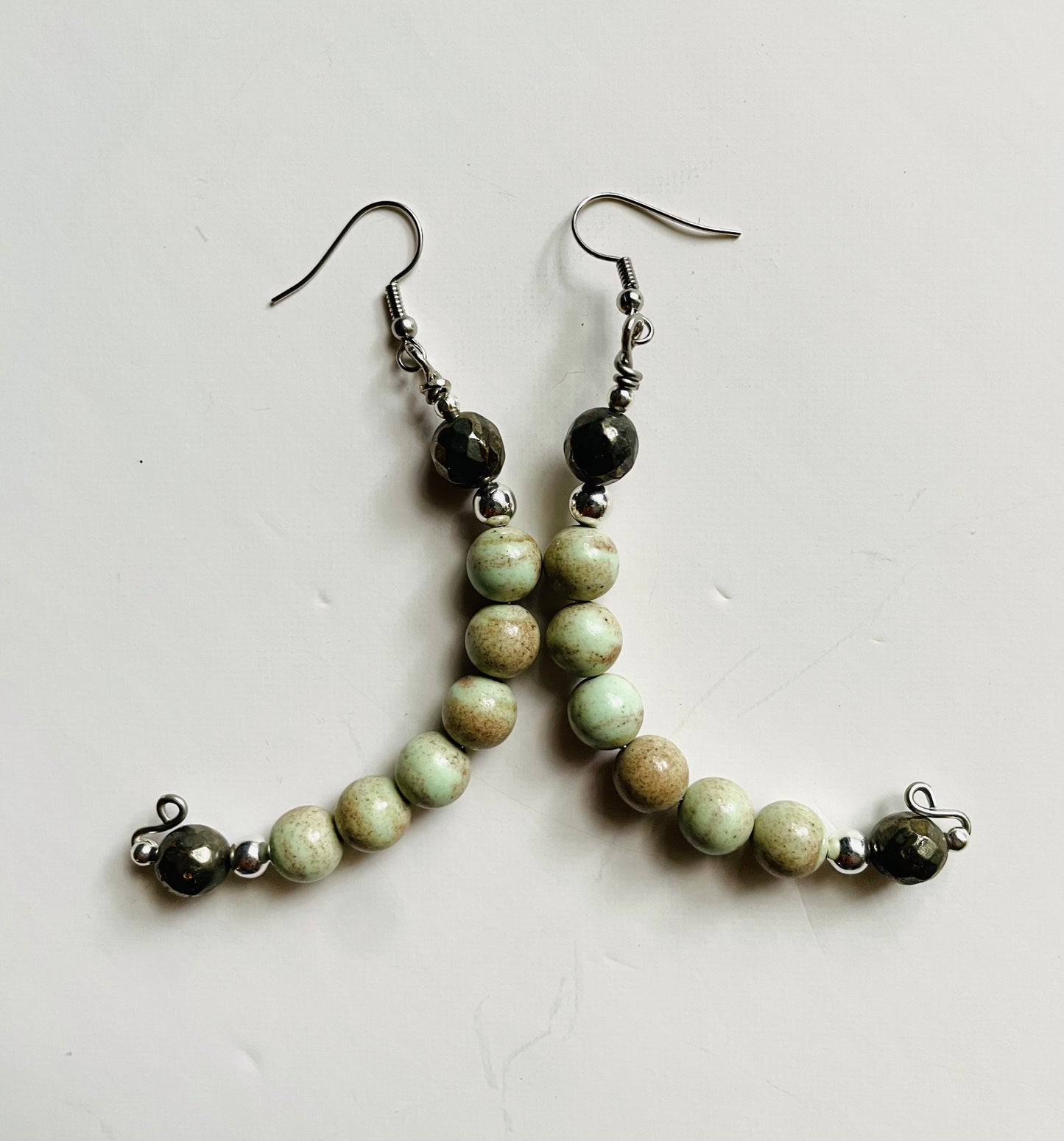 Sea Foam Green Calcite and Pyrite Bent Dangle Earrings